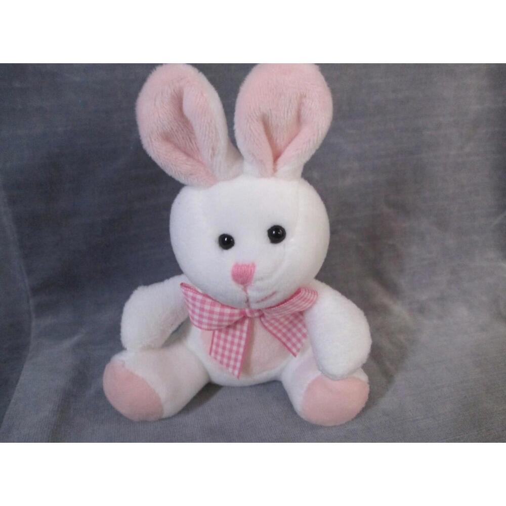 White And Pink Plush Bunny Rabbit Stuffed Animal With Gingham Bow 6" Soft Toy